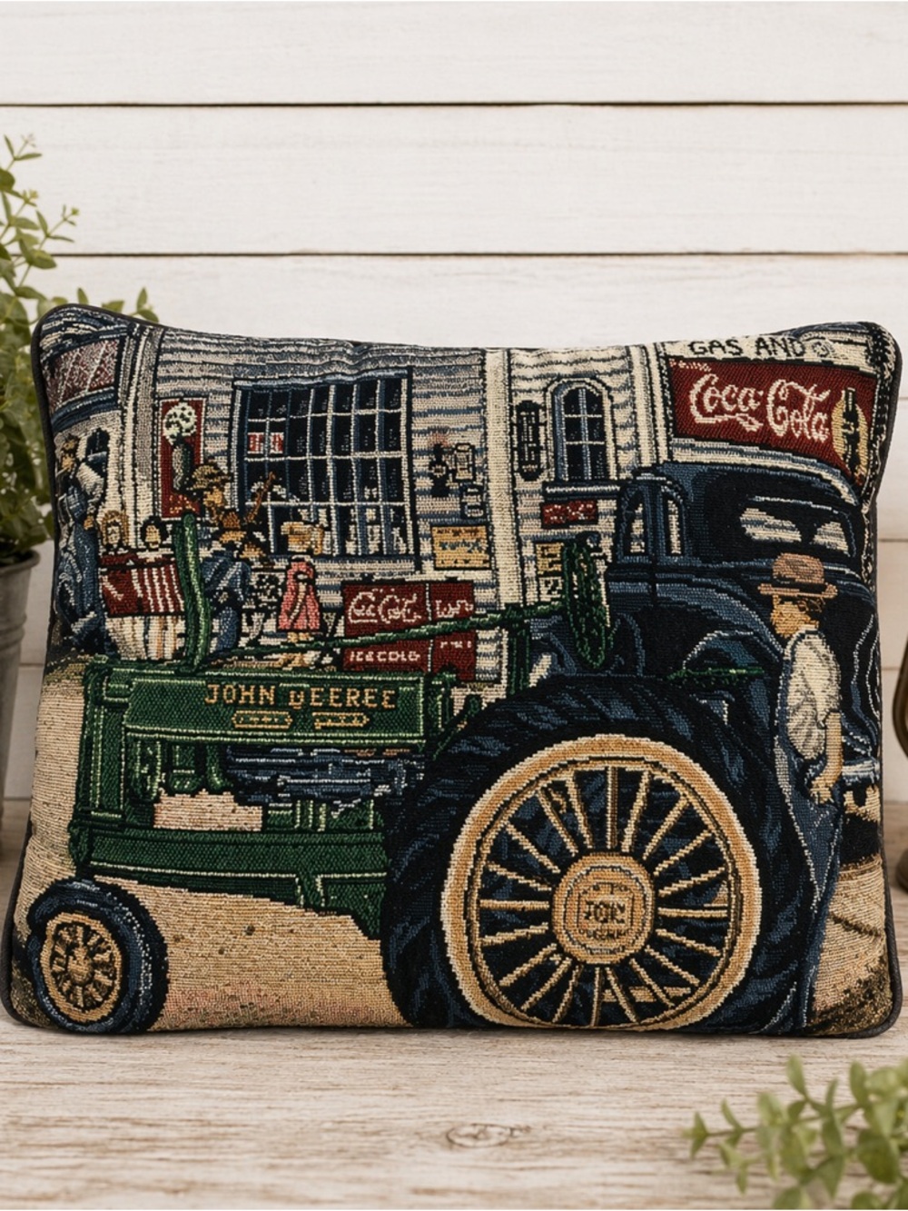 John Deere Green & Navy Tapestry Tractor Pillow
